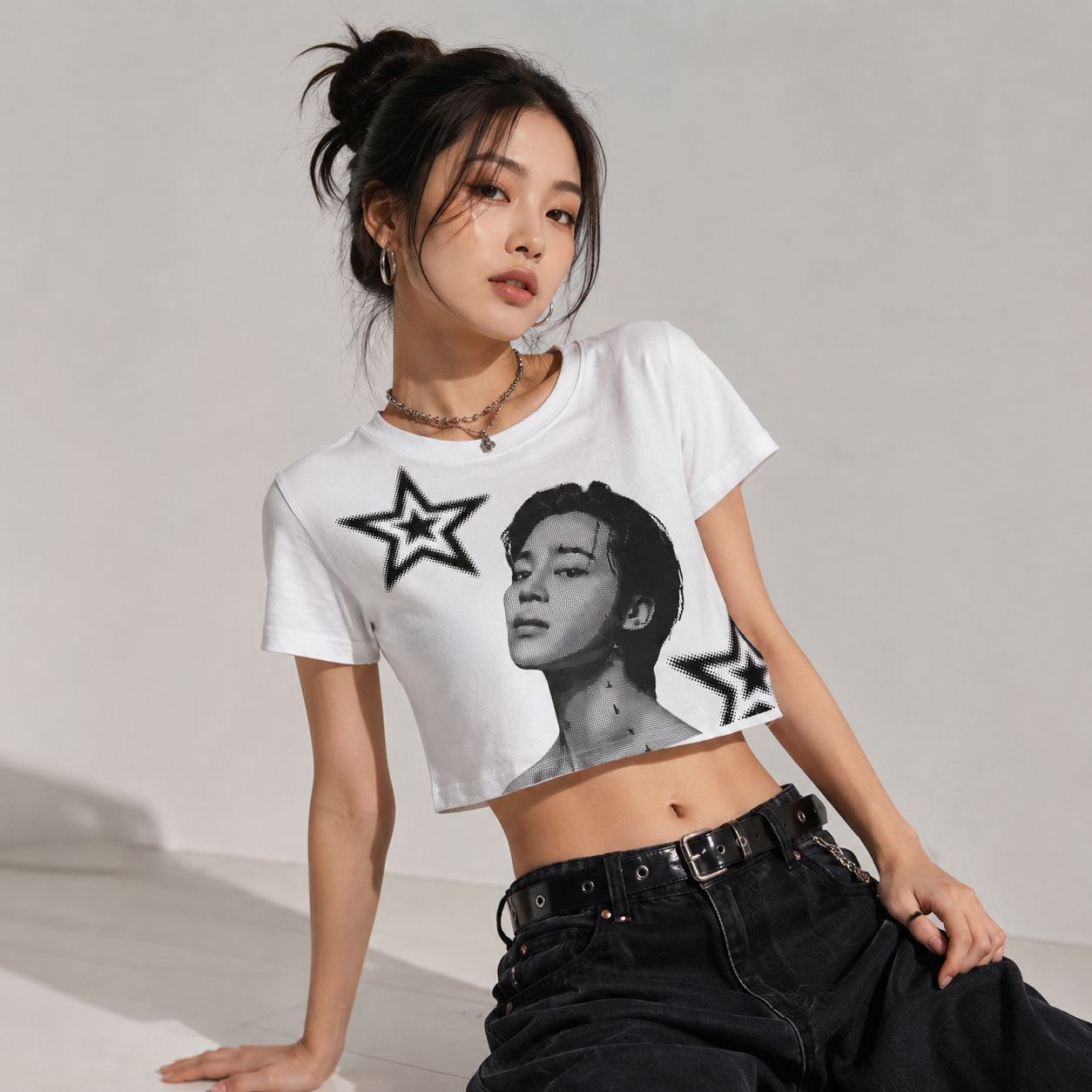 Jimin Monochrome Portrait Graphic Crop Top