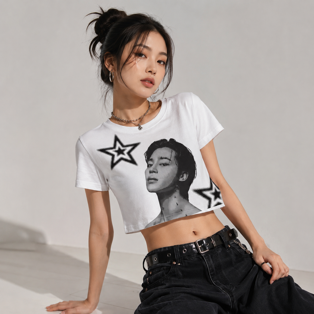 Jungkook Monochrome Portrait Graphic Crop Top