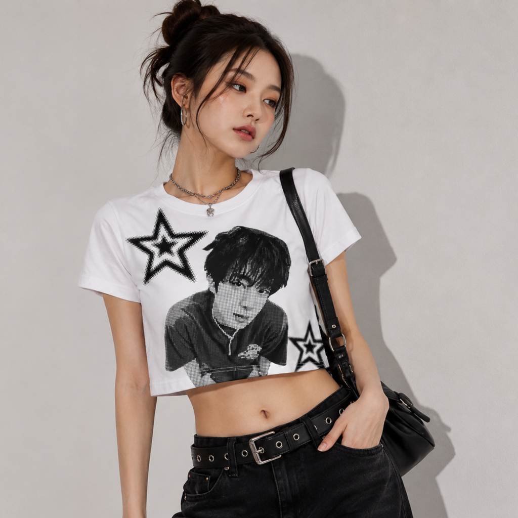 Jin Monochrome Portrait Graphic Crop Top